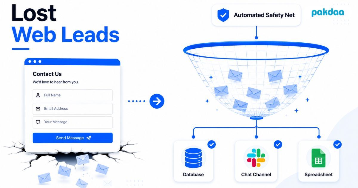 Illustration of lost web leads leaking from a broken website contact form while an automated backup system catches the enquiries before they disappear.
