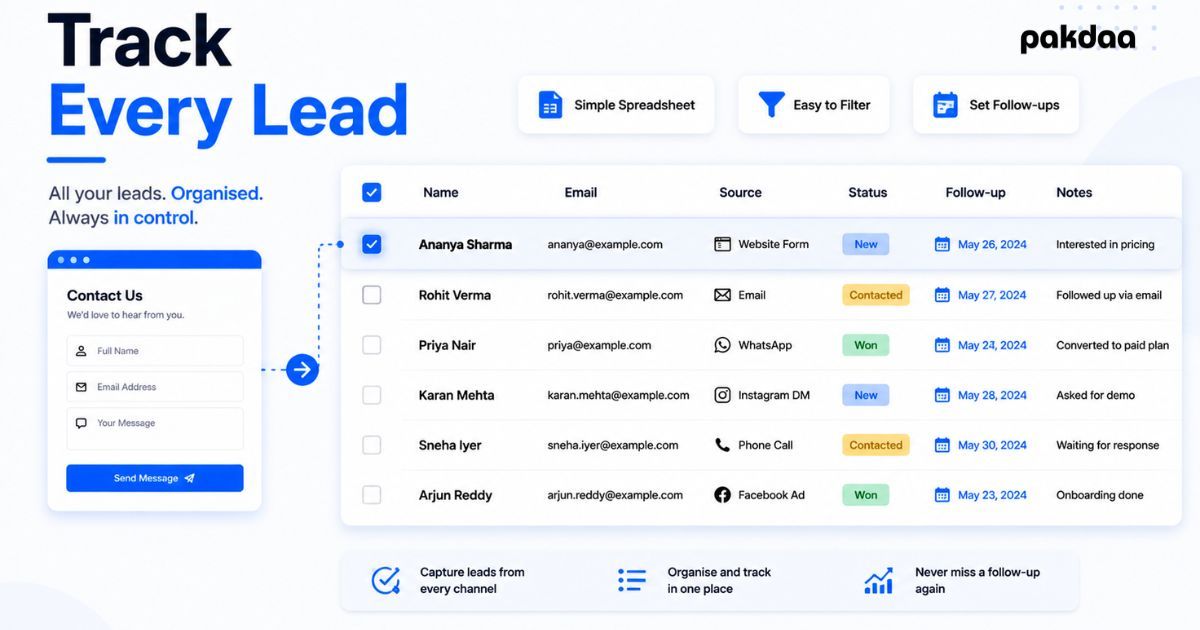 Illustration of a small business tracking every website lead in a simple spreadsheet system with status columns and follow-up dates, no CRM software required
