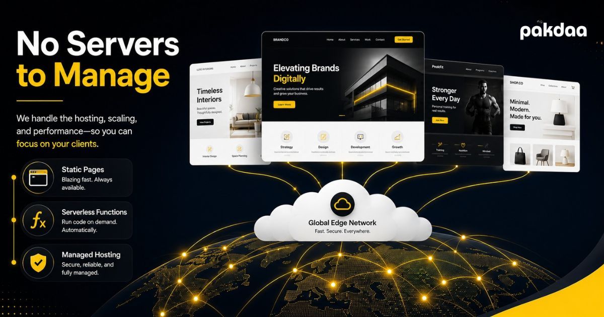 Illustration of an agency delivering professional client websites using static hosting, serverless functions, and managed platforms with no servers to maintain