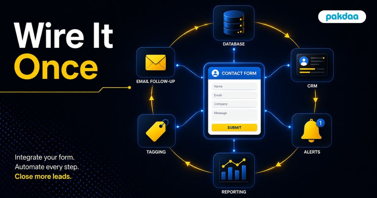 Illustration of a client contact form integrated with a CRM, alerts, and reporting tools to automate the full lead management lifecycle for an agency.