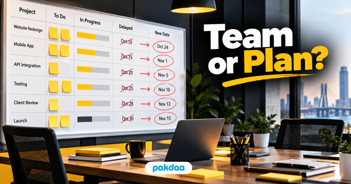 Business owner reviewing a project timeline full of slipped dates on a whiteboard with a small team, questioning whether missing deadlines comes from the team or the plan