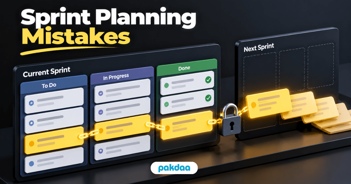 Sprint planning mistakes illustration showing a sprint board with tasks blocked by a chain of dependencies spilling into the next sprint