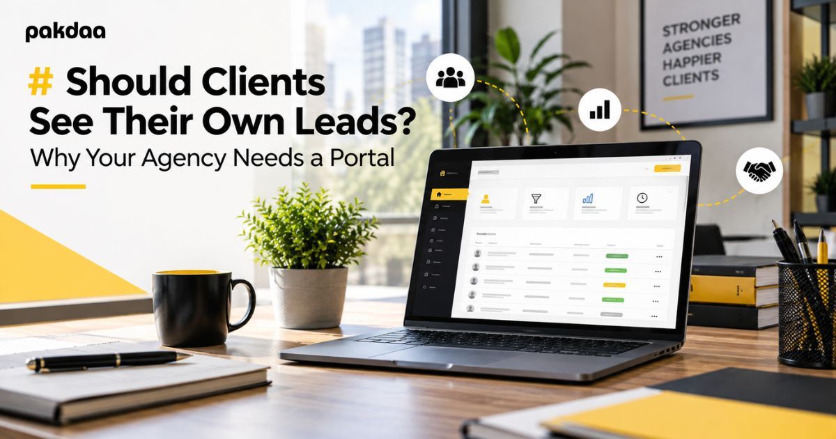 Illustration of a private agency client portal where a client logs in to view their own form submissions and leads in real time, building trust and retention.