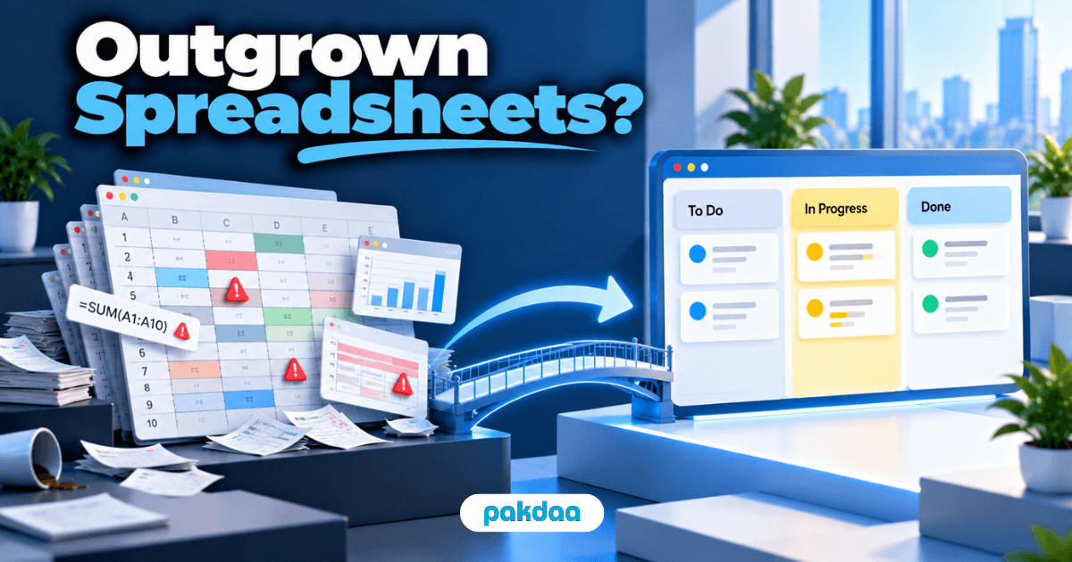 Outgrown spreadsheets illustration showing a giant cluttered spreadsheet with red error cells beside a clean task system