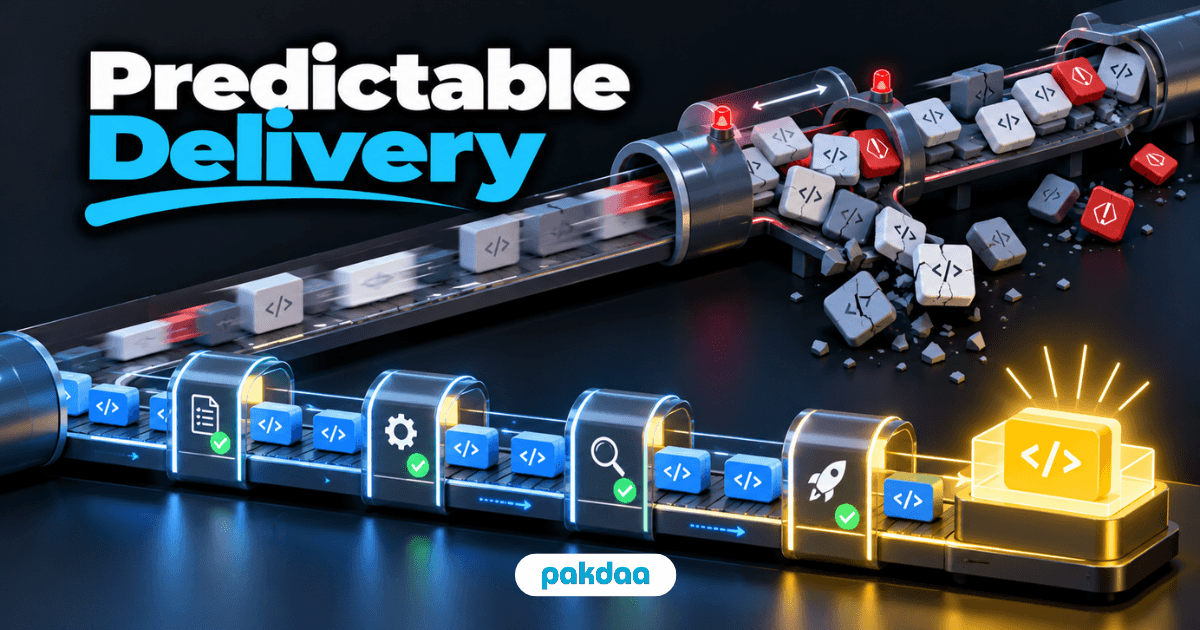 Predictable software delivery illustration showing a fast but bumpy code pipeline beside a smooth, steady release pipeline.