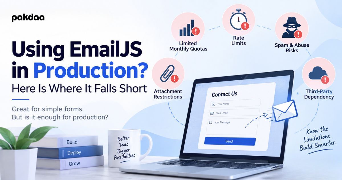 Illustration showing the limits of using EmailJS in production, with exposed client-side keys and email-only capture next to a safer server-side setup.