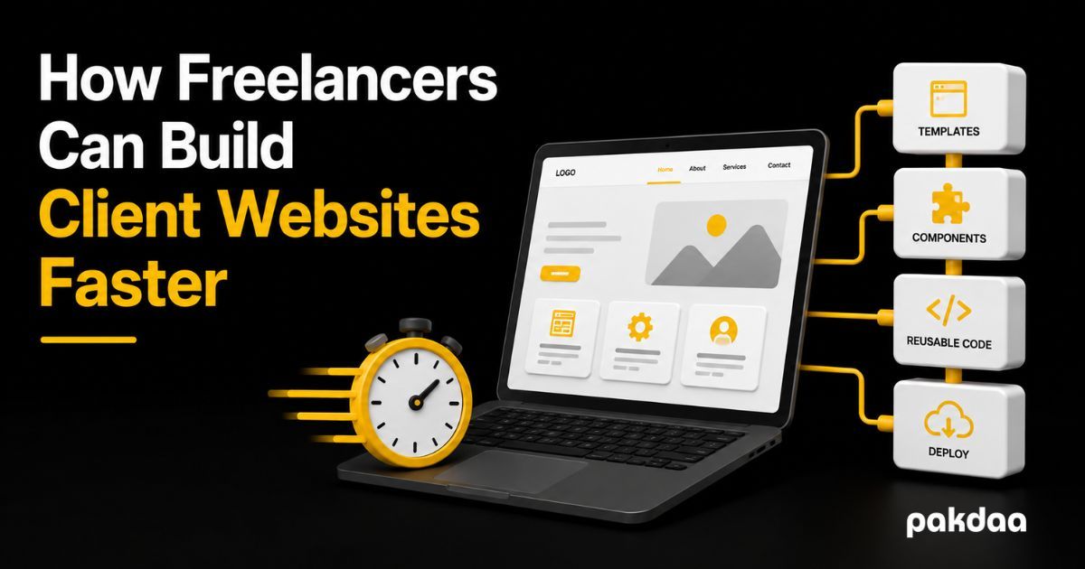 Illustration of a freelancer building client websites faster using reusable components, no-server delivery, and a reusable form setup instead of rebuilding each time