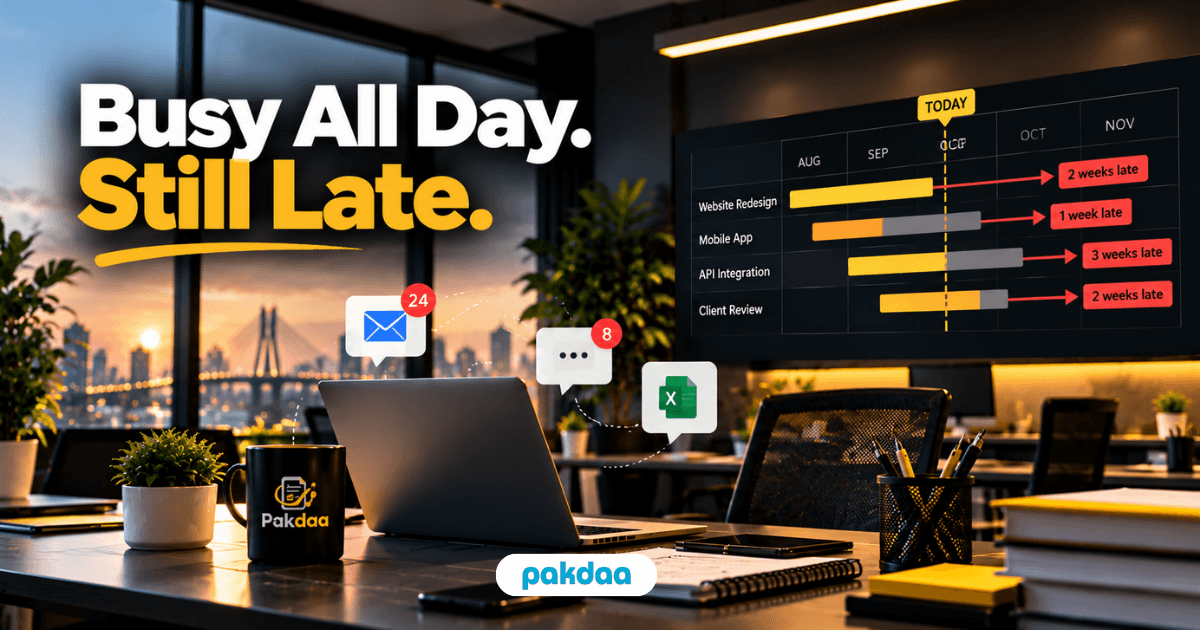 Busy team at a cluttered desk surrounded by chat notifications, emails and spreadsheets while a project timeline behind them shows missed deadlines, illustrating project delays